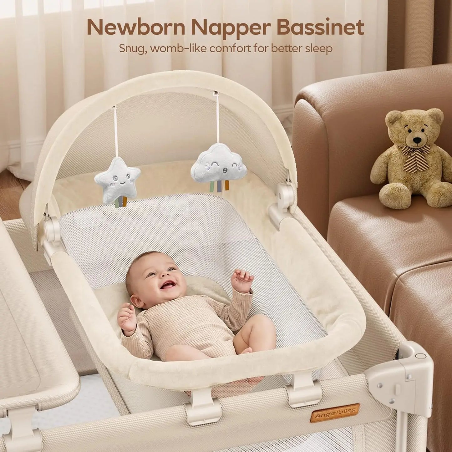 Baby Bassinet Bedside Crib, 5-in-1 One-Push Instant Fold Pack and Play with Changing Table, Napper Bassinet, Mattress & Mosquito