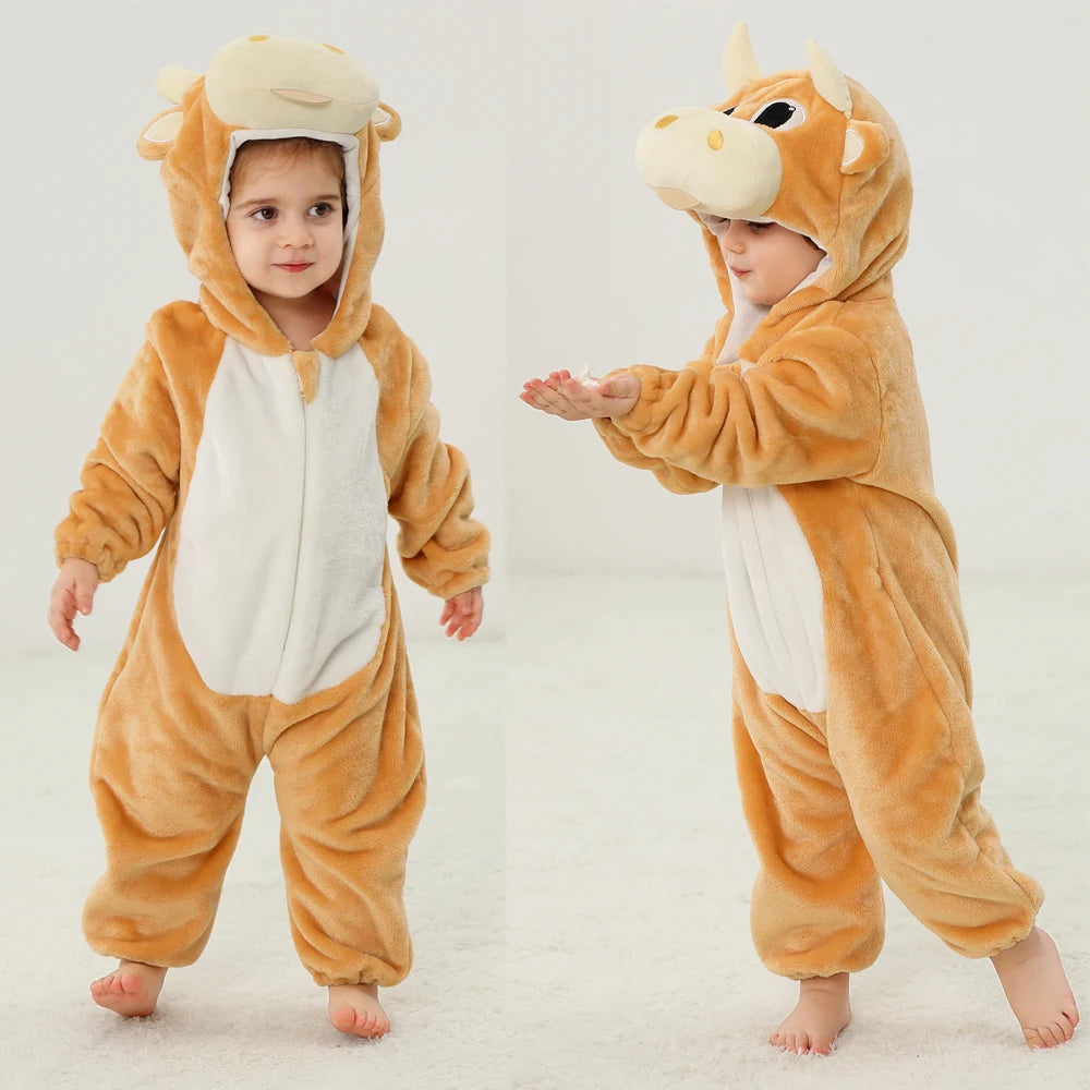 Cute Flannel Animal Rompers for Baby Winter Kid 1 2 3 4 Years Cartoon Jumpsuit Boy Girl Long Sleeve Hooded Playsuit Thick Pajama