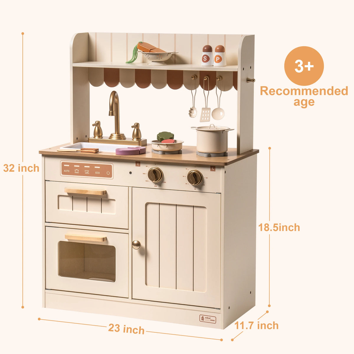 Play Kitchen for Kids Toddlers Wooden Pretend Play Kitchen Set Toy with Cutting Food Set Toys Kitchen Gift for 3+ Kids Beige