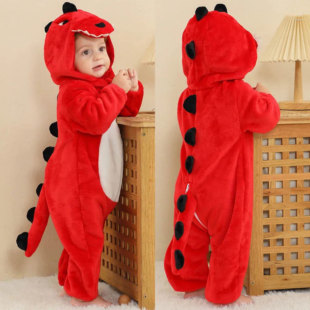 Cute Flannel Animal Rompers for Baby Winter Kid 1 2 3 4 Years Cartoon Jumpsuit Boy Girl Long Sleeve Hooded Playsuit Thick Pajama