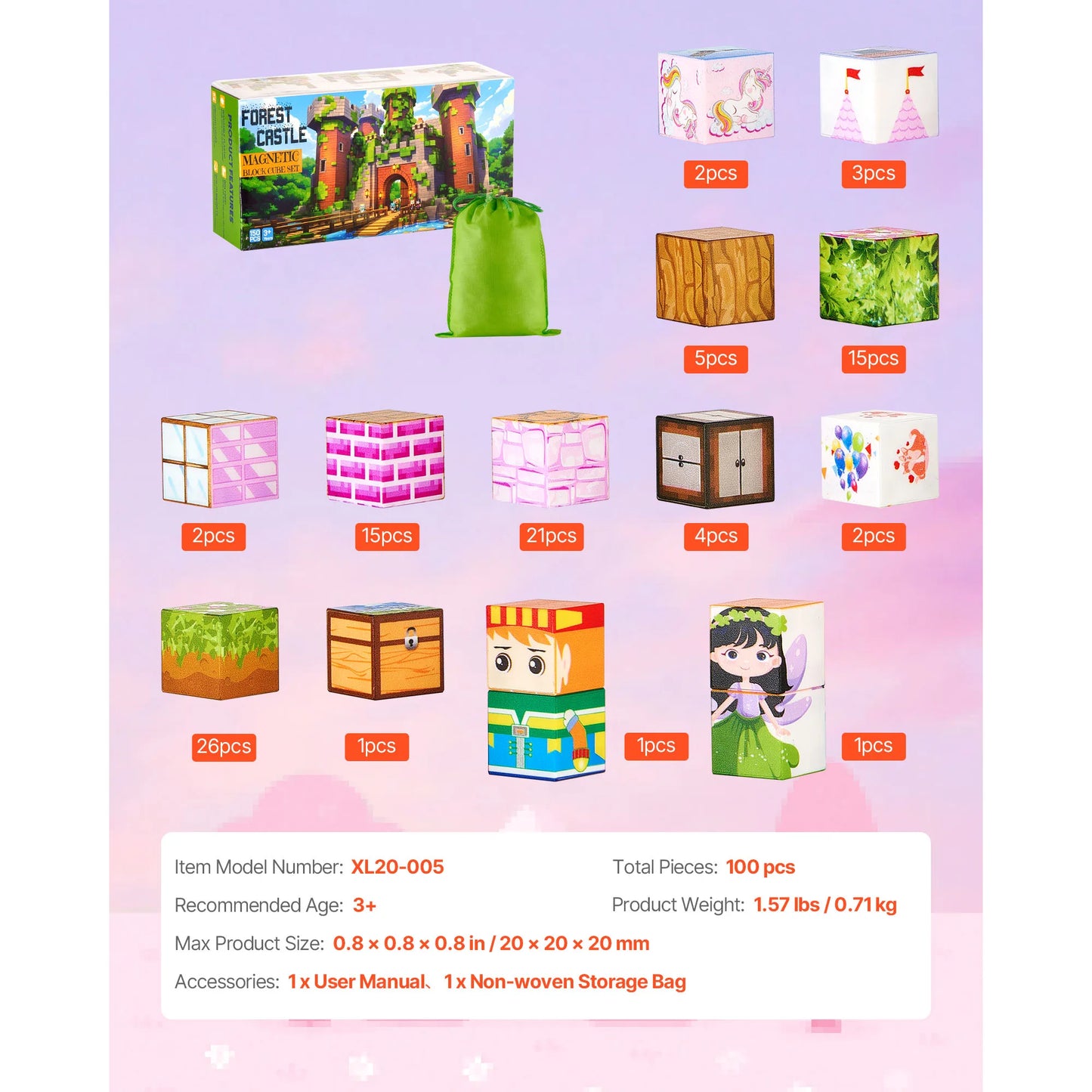 100PCS Magnetic Blocks Princess Castle Set Magnetic Building Cubes STEM Montessori Sensory Toys for Kids Birthday Gift