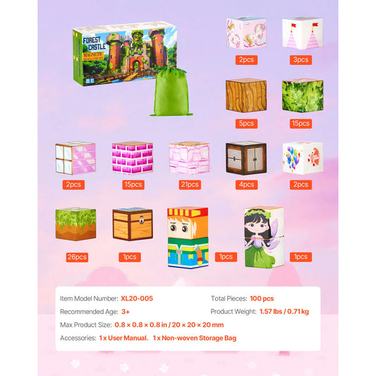 100PCS Magnetic Blocks Princess Castle Set Magnetic Building Cubes STEM Montessori Sensory Toys for Kids Birthday Gift