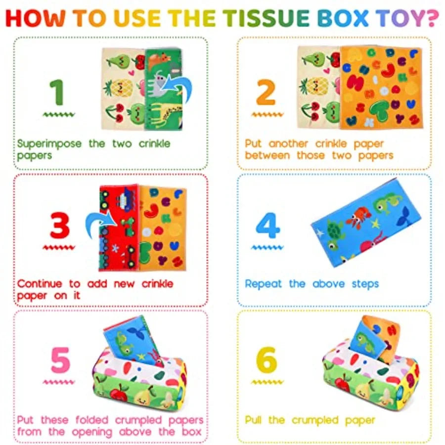 Baby Toys 6 to 12 Months - Tissue Box Toy Montessori for Babies 6-12 Months, Soft Stuffed High Contrast Crinkle Infant Sensory