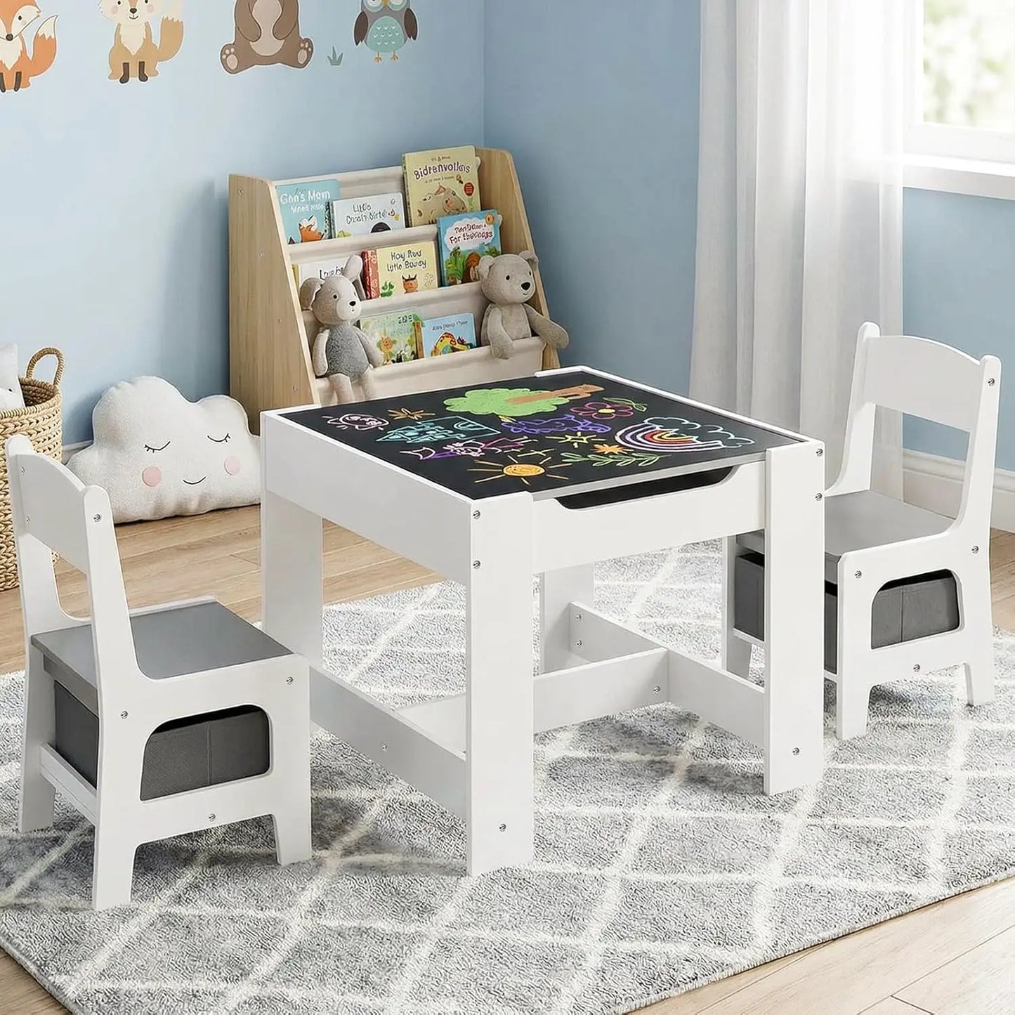 Kids Table and Chair Set, 4 in 1 Wooden Children Activity Table w/Storage, Reversible Deskboard, Blackboard,, Customized