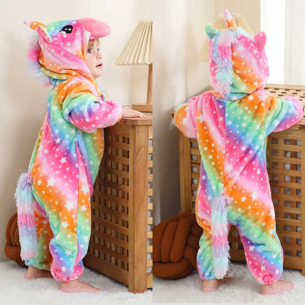 Cute Flannel Animal Rompers for Baby Winter Kid 1 2 3 4 Years Cartoon Jumpsuit Boy Girl Long Sleeve Hooded Playsuit Thick Pajama
