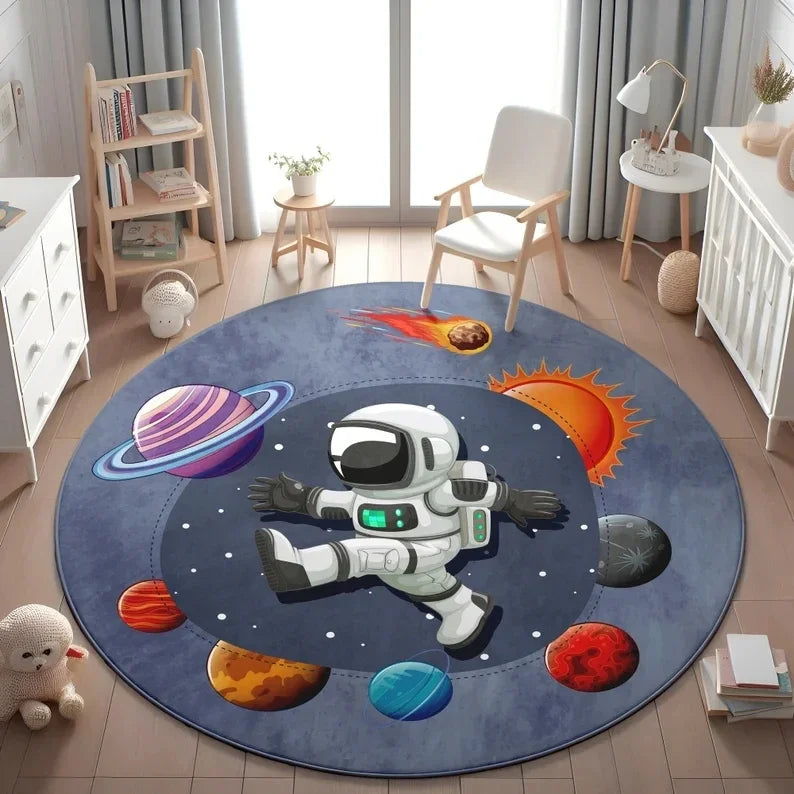 Planets Astronauts Playmat Round Rug  Living Room Decor Sofa Rug Kid's Play Mat Boys Bedroom Bedside
