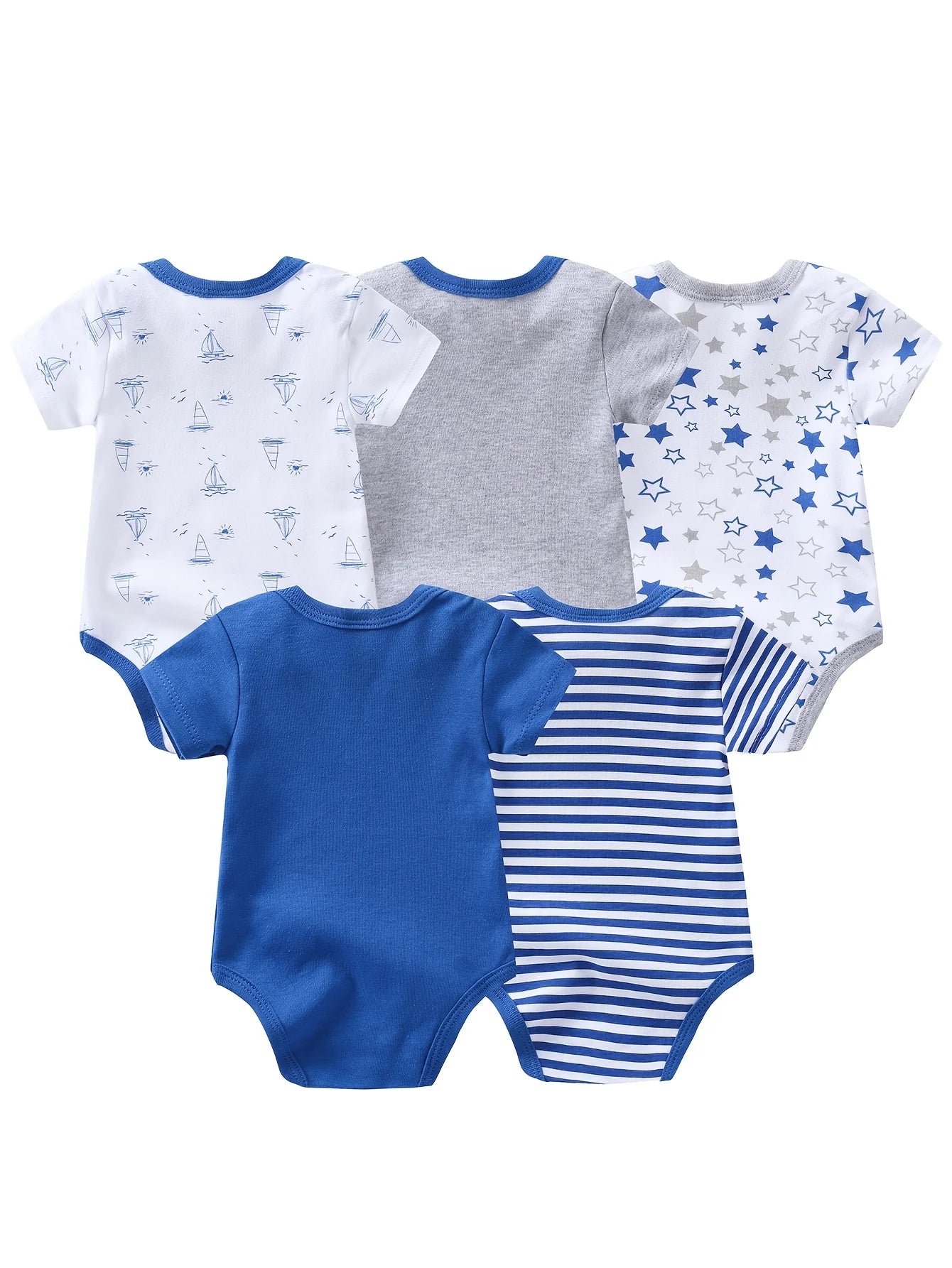 5pcs Baby Boy Triangle Rompers, Creative Baby Bodysuits, Short Crawler Onesies, Short Sleeve Jumpsuits with Sailboat Pattern, Soft Breathable Casual Infant Clothes, Newborn Hospital Essentials,  for Outdoor