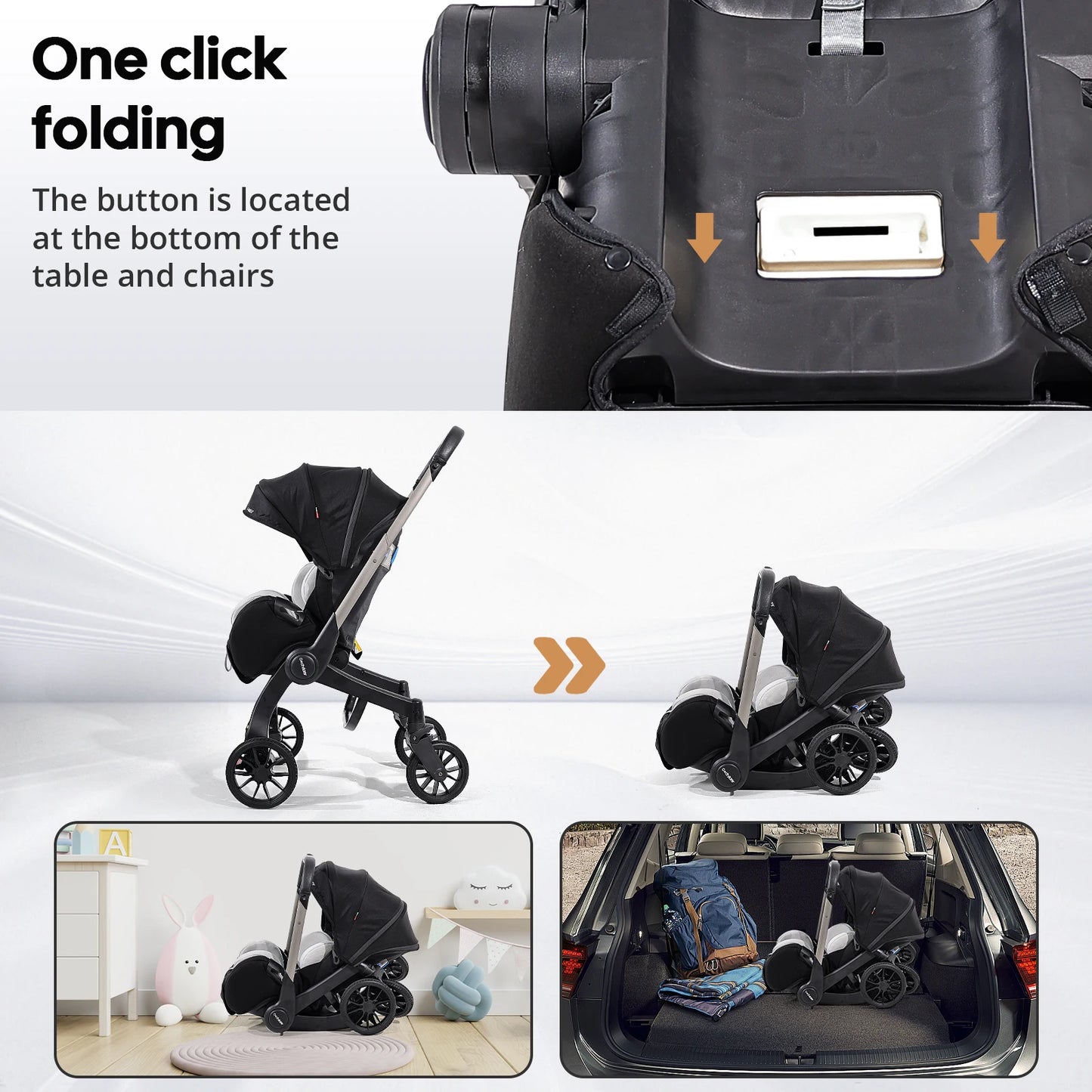 Stroller with 4 heels - metal frame and comfortable fabric, Foldable and easy to transport.