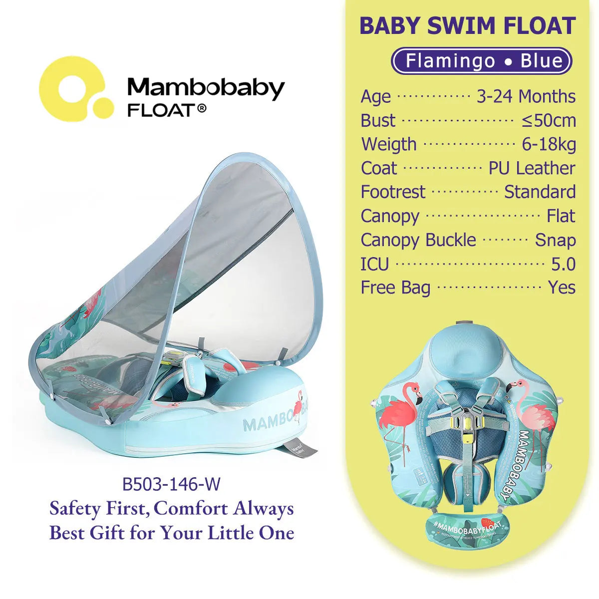Gentle Skin-Safe Flamingo Air-Free Chest Float with Flat Canopy B503-143-W-Z Baby Swimming Ring Infant Water Circle