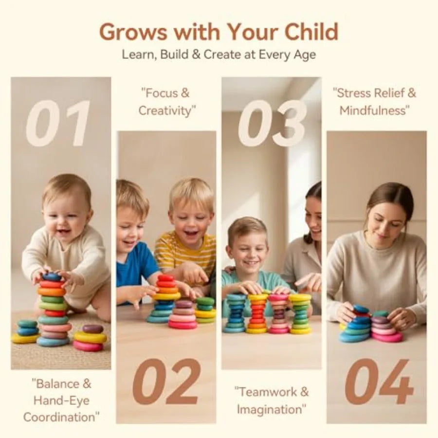 Extra-Large Stacking Rocks for Toddlers 1-3, 16 PCS Wooden Montori Toys, Safe Smooth Jumbo Balancing Stones for Open-Ended Sens