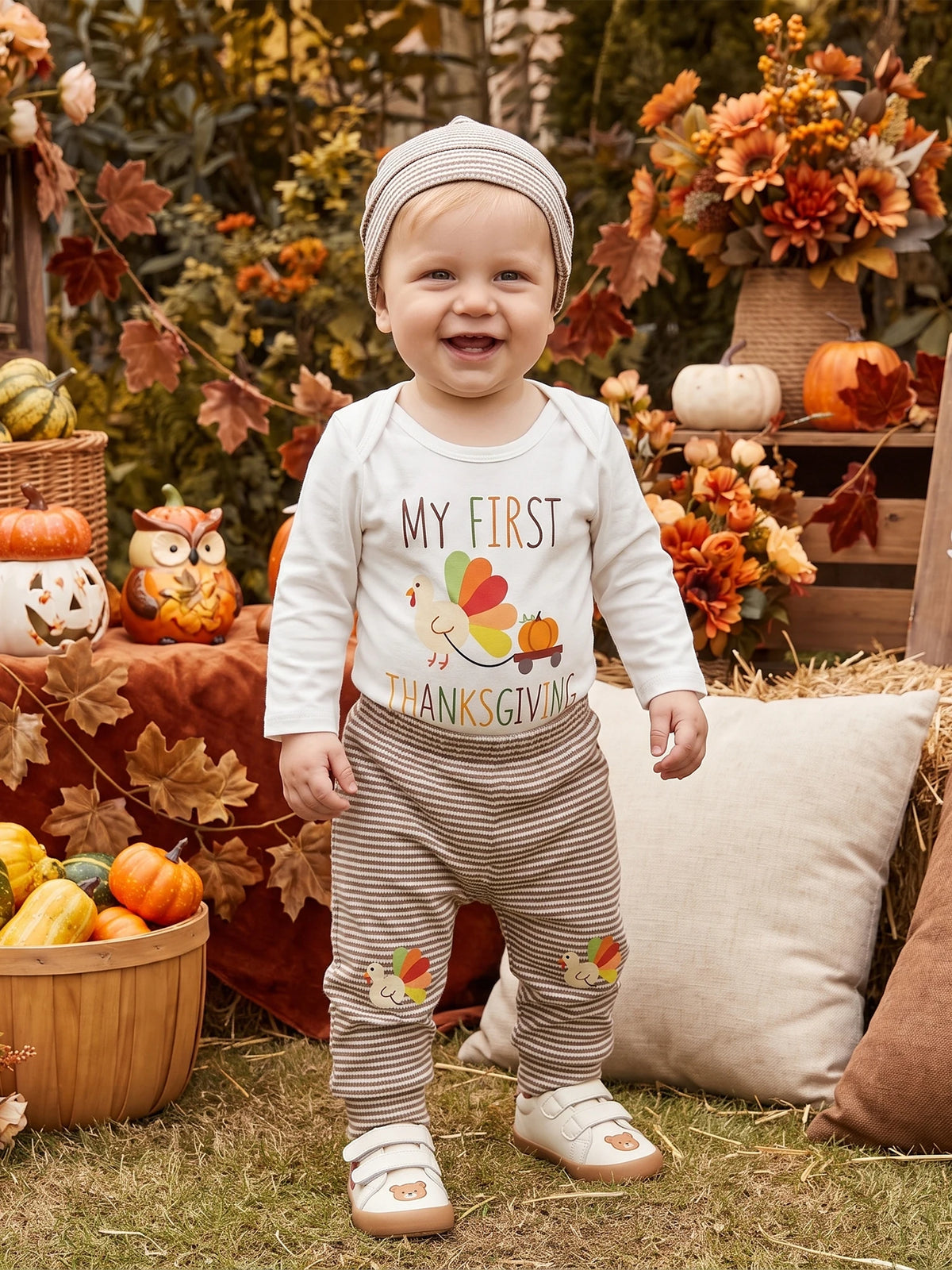 Baby Thanksgiving Outfit Thanksgiving Outfit Letter Baby Boy Thanksgiving Sleeve Stripe Stripe Pants Hat Romper Stripe Pants Top