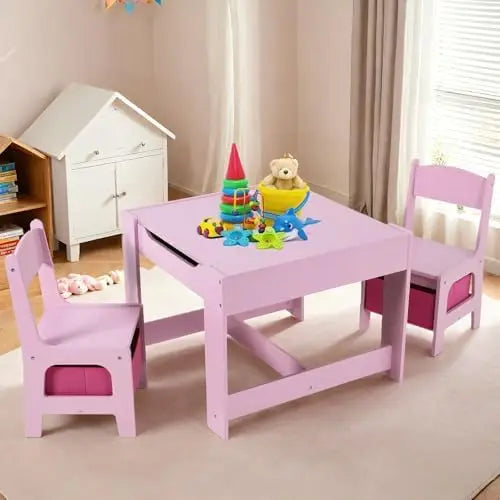 Kids Table and Chair Set, 4 in 1 Wooden Children Activity Table w/Storage, Reversible Deskboard, Blackboard,, Customized