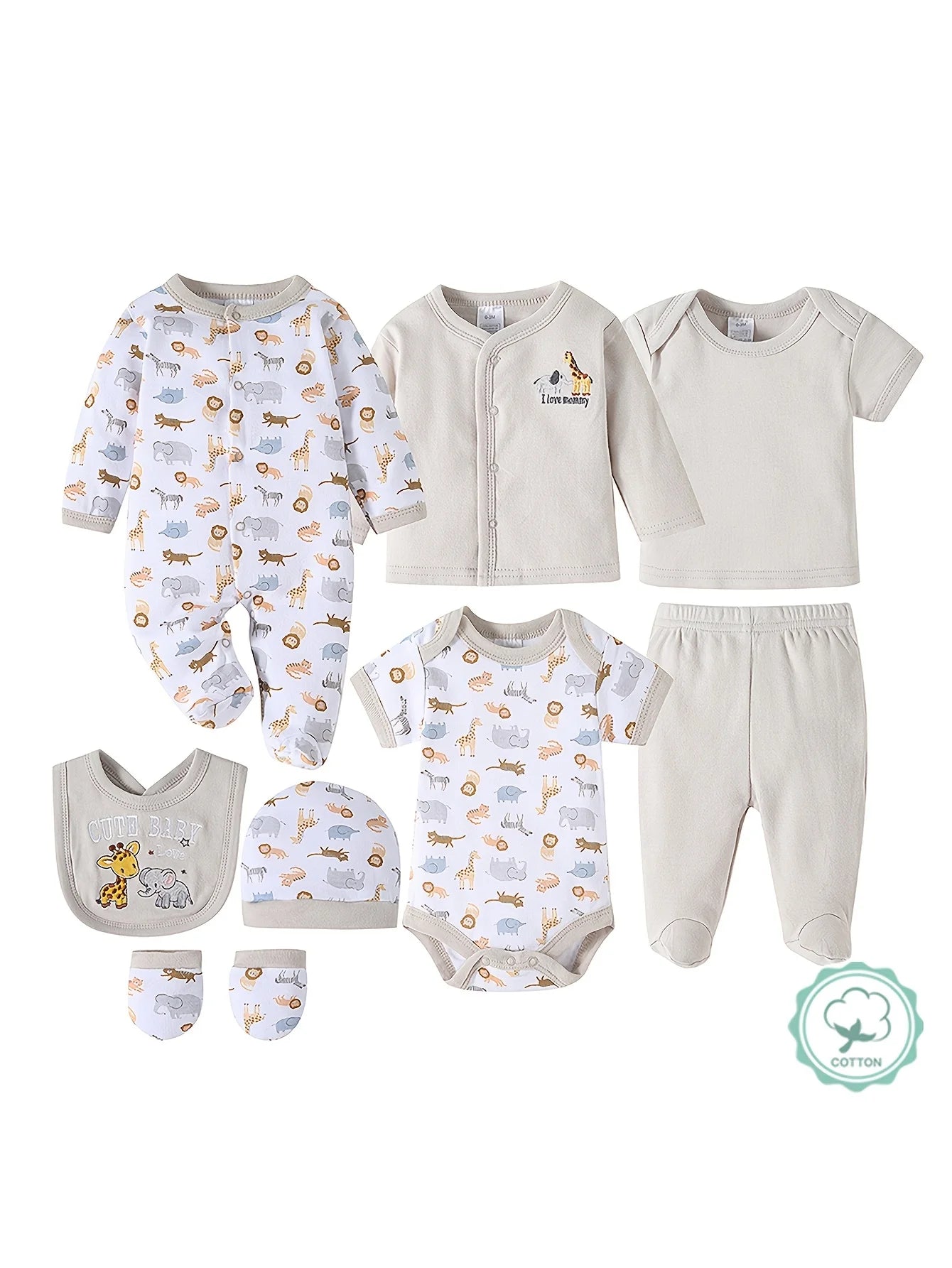 Soft Stretchy Rompers with Cute And Prints (Elephant, Giraffe, "I Love Mom" Lettering) Incl. Long Romper, Hat, Bib, Socks, Pants, Jacket, Top And Bodysuit, for Outdoor