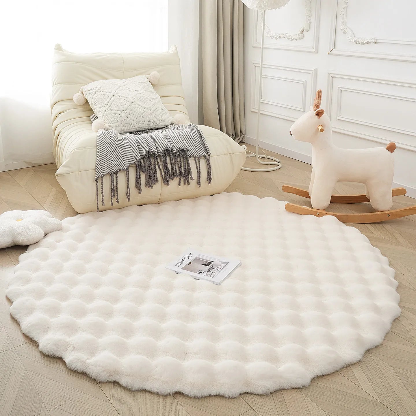Round Bubble Faux Rabbit Fur Rug Soft Plush Mats Cream Style Bedroom Bedside Carpet Kids Play Floor Mat for Living Room Nursery
