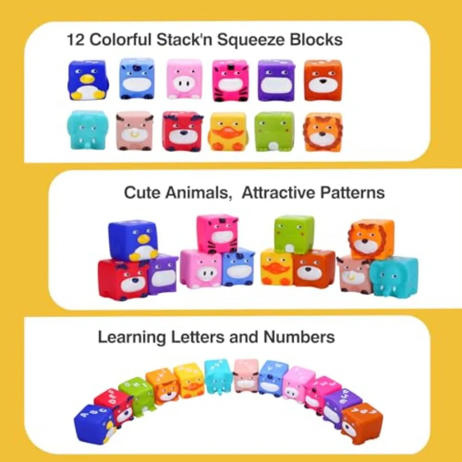 Soft Baby Blocks Stacking and Building Toys for Babies and Toddlers 12 Pcs No Hole Squeeze Animal Blocks Sensory Teething Toys