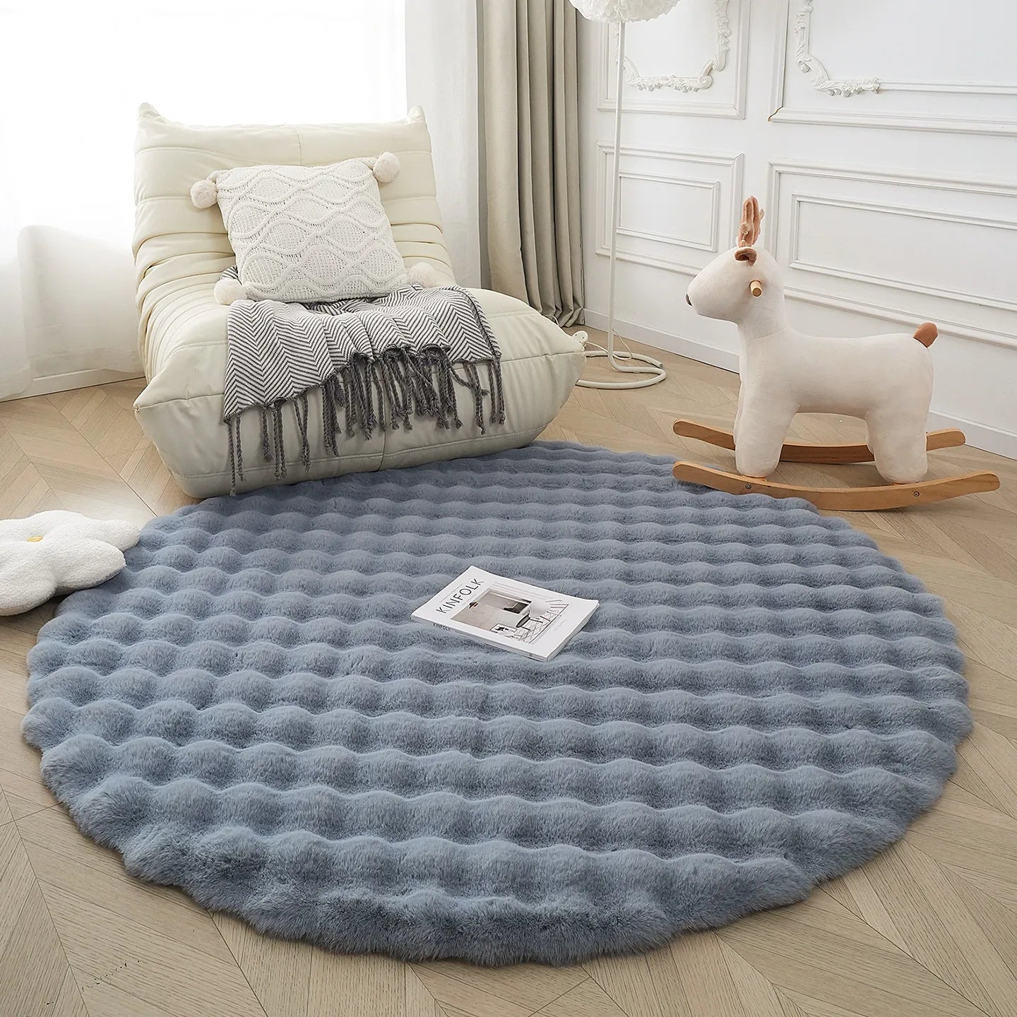 Round Bubble Faux Rabbit Fur Rug Soft Plush Mats Cream Style Bedroom Bedside Carpet Kids Play Floor Mat for Living Room Nursery