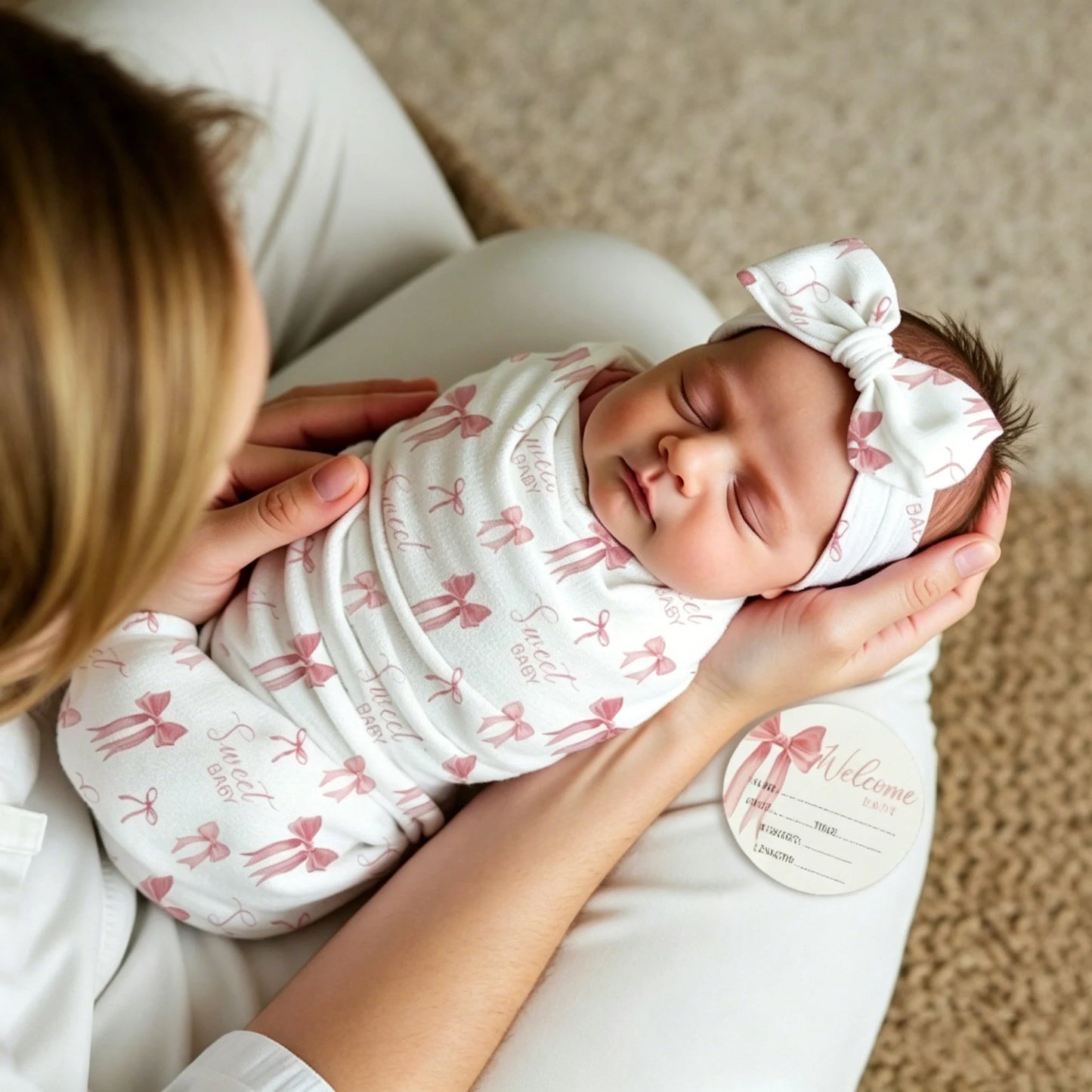 Newborn Photography Swaddle Blanket Set Pink Bow Print Infant Receiving Blanket with Headband Milestone Card Prop-HD