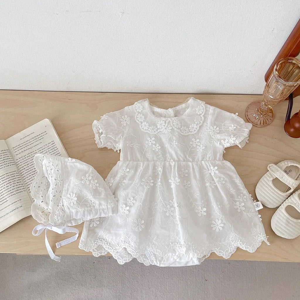 Newborn Baby Girl Short Sleeve Embroidery Cotton Romper Dress Infant Girls Princess Skirt Baby Baptism Clothes