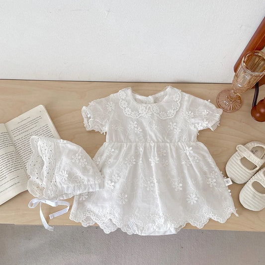 Newborn Baby Girl Short Sleeve Embroidery Cotton Romper Dress Infant Girls Princess Skirt Baby Baptism Clothes