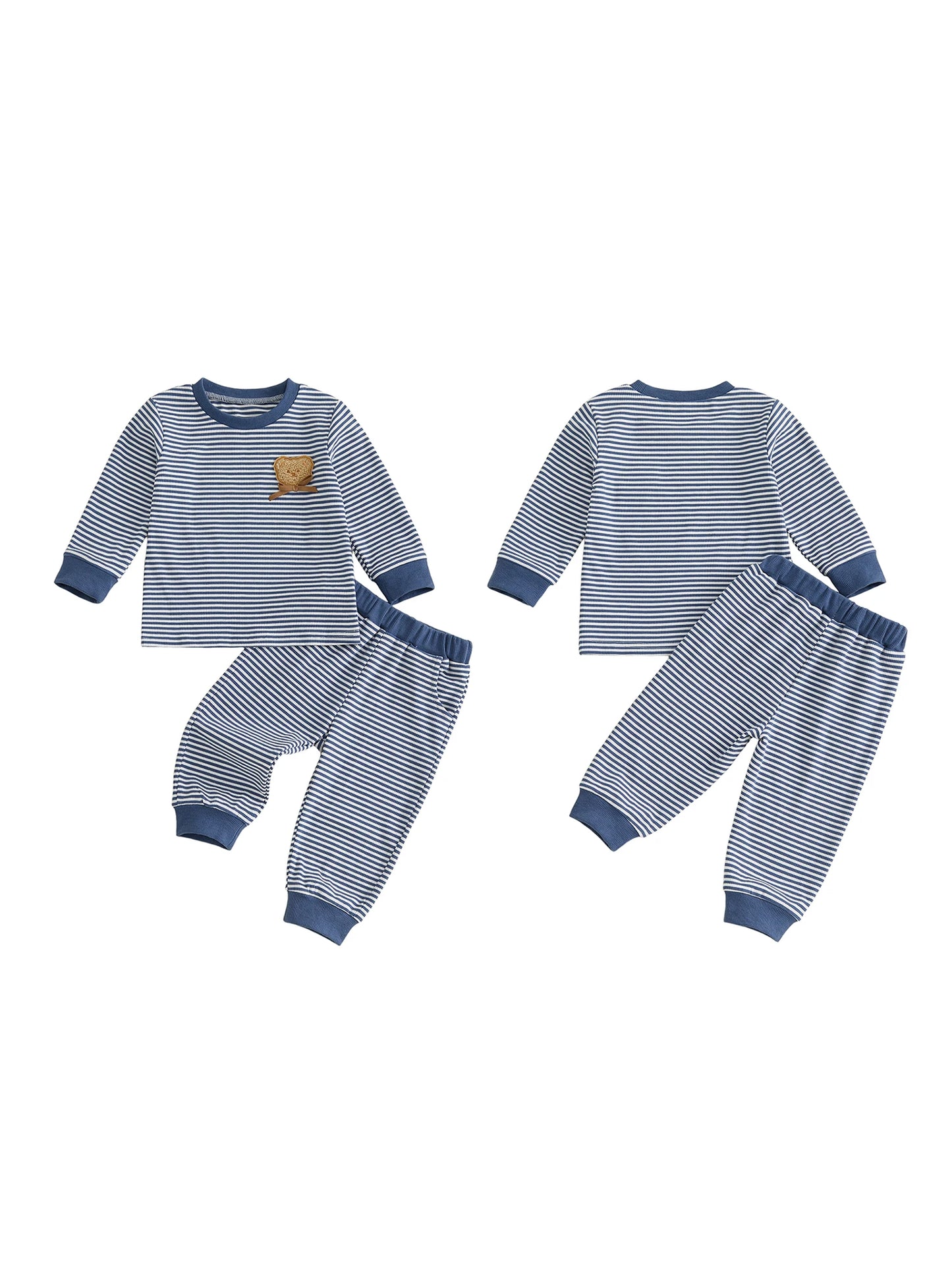 Striped Neck Sleeve-Crew-Neck Embroidery Striped Print Boy Fall Matching Toddler Crew Neck Bear High Quality Striped Neck