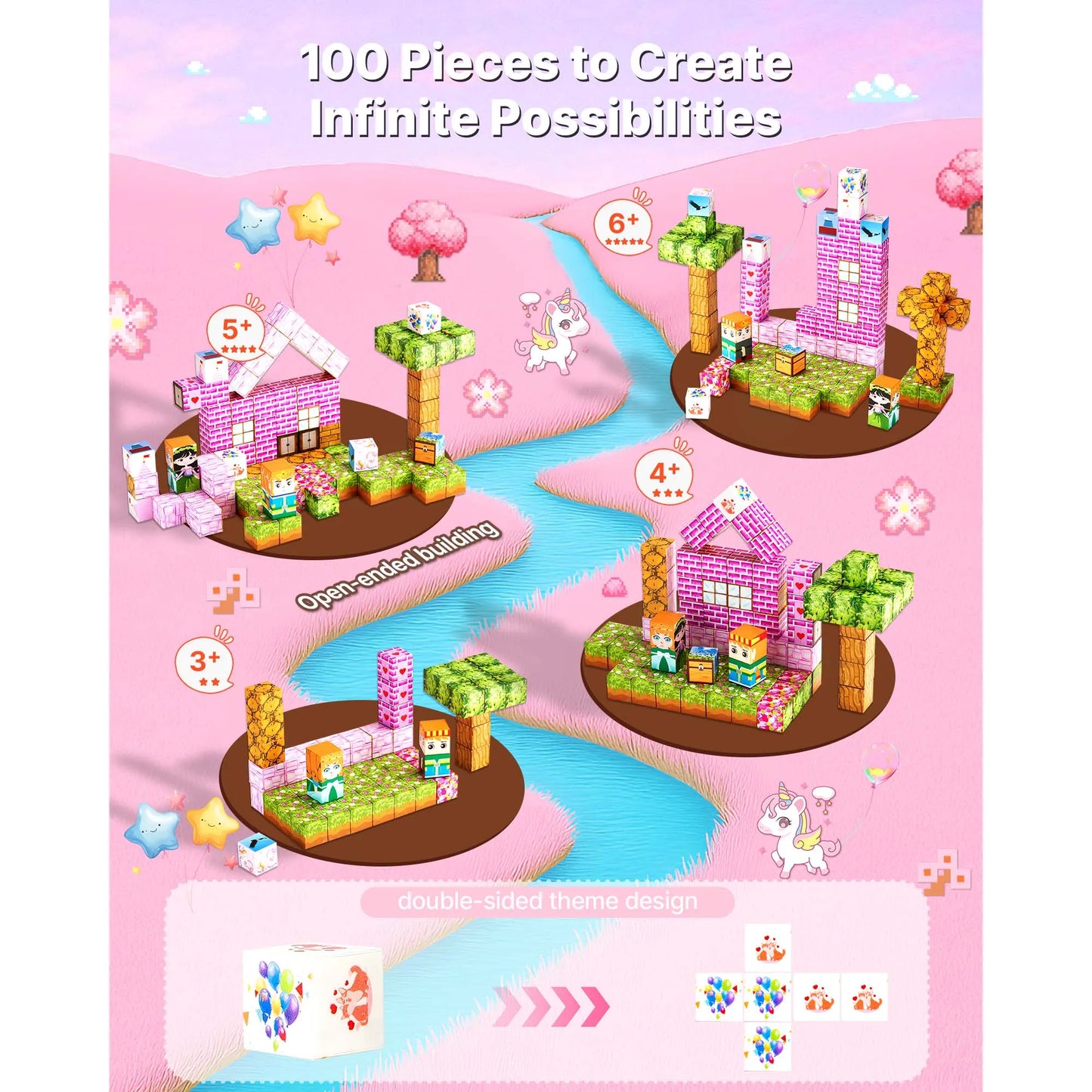 100PCS Magnetic Blocks Princess Castle Set Magnetic Building Cubes STEM Montessori Sensory Toys for Kids Birthday Gift