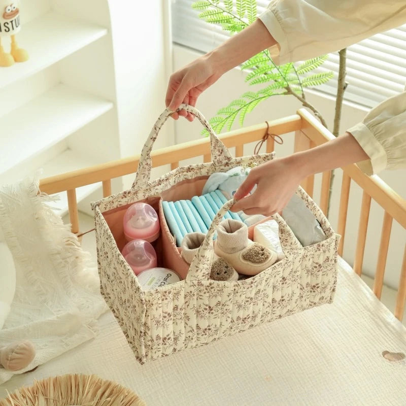Floral Print Baby Diaper Storage Bag Nappy Caddy Organizer Large Capacity Mommy Bag Baby Item Toys Storage Basket Travel Handbag