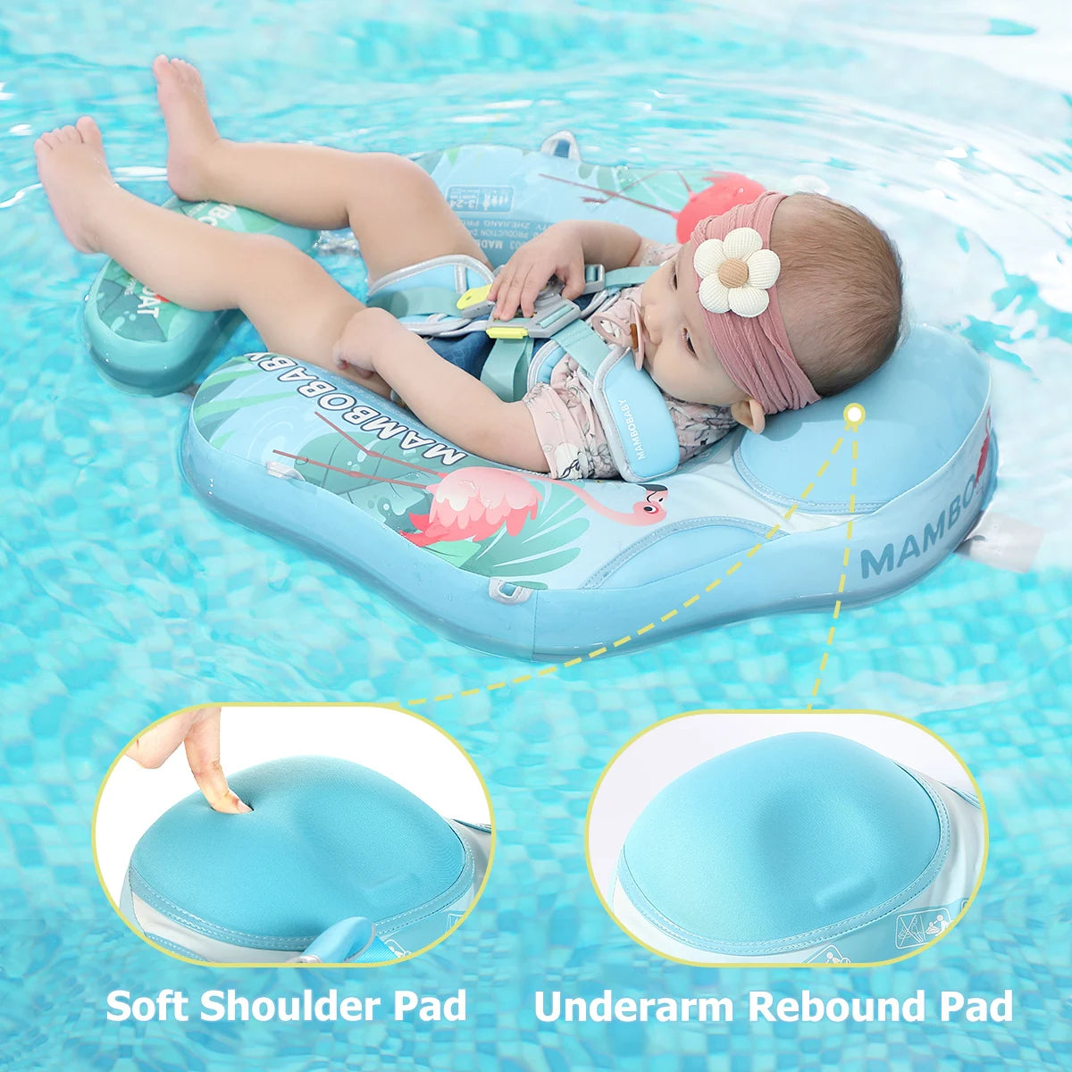 Gentle Skin-Safe Flamingo Air-Free Chest Float with Flat Canopy B503-143-W-Z Baby Swimming Ring Infant Water Circle