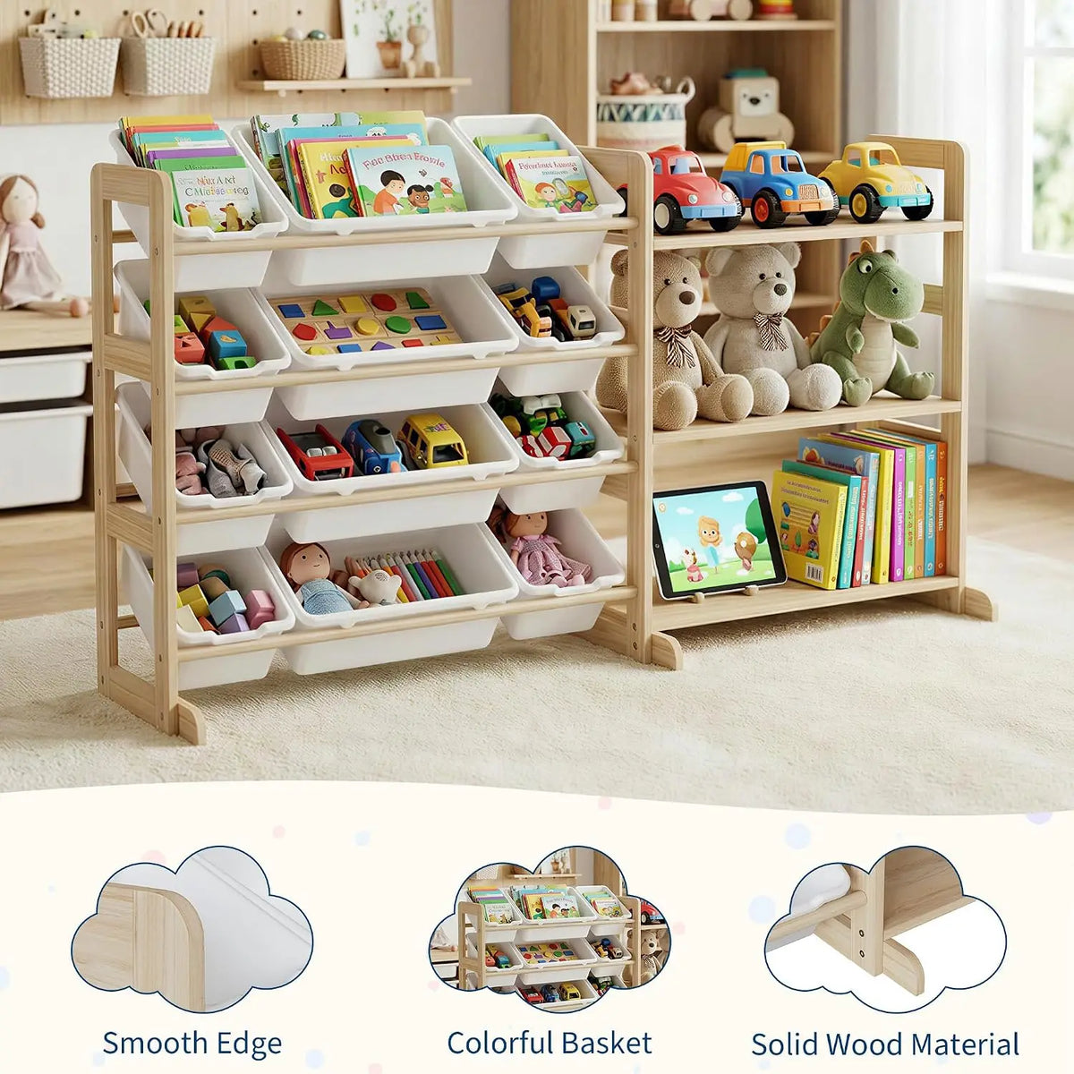 Toy Storage Organizer for Kids, 12 Bins with 3 Open Shelves, 56" Tall Wooden Bookshelf Display Rack, Solid Pine Natural Finish, Sturdy Toddler Room Shelf Unit for Playroom, Bedroom & Nursery