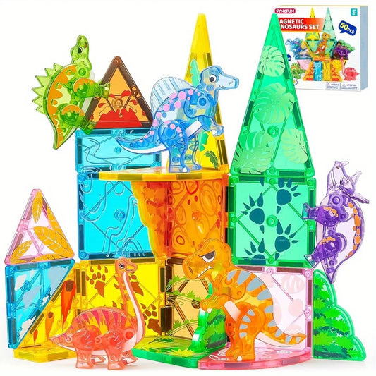50Pcs Magnetic Building Tiles Dinosaur Set for Kids Christmas Birthday Gift 5 Cute Dinosaurs Educational STEM Toy