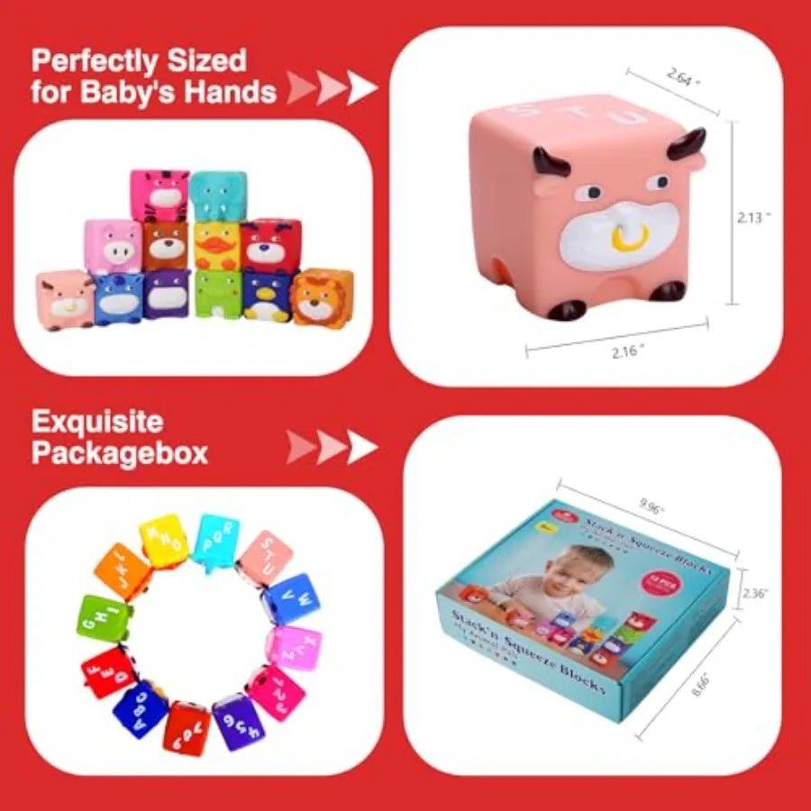 Soft Baby Blocks Stacking and Building Toys for Babies and Toddlers 12 Pcs No Hole Squeeze Animal Blocks Sensory Teething Toys