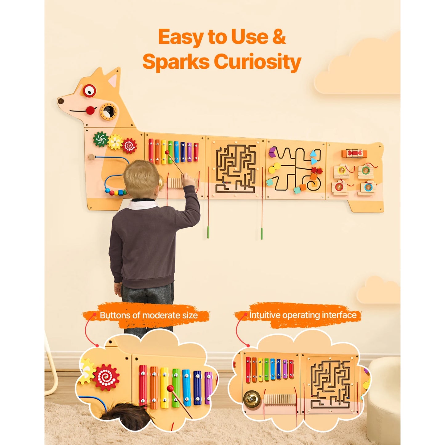 SucceBuy Puppy Kids Wall Busy Panels 12 Activities Board Montessori Sensory Learning Activity Center for Children Playroom Toys