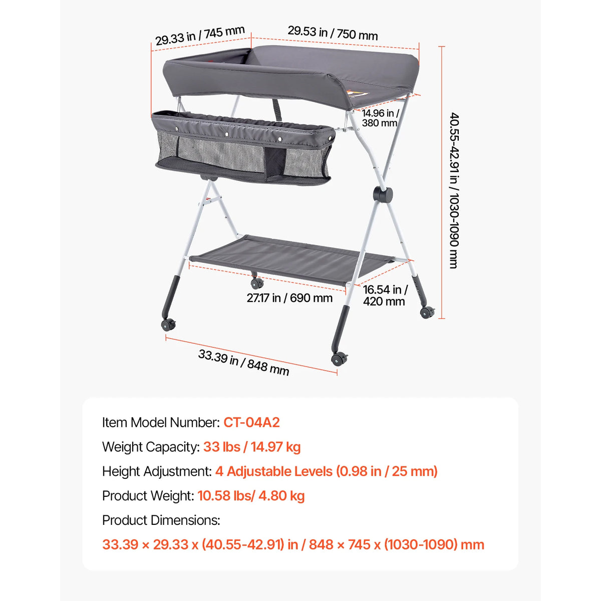 Baby Changing Table Foldable Diaper Change Station with 2 Fabric Drawers Side Basket & Hanging Rod Adjustable Height