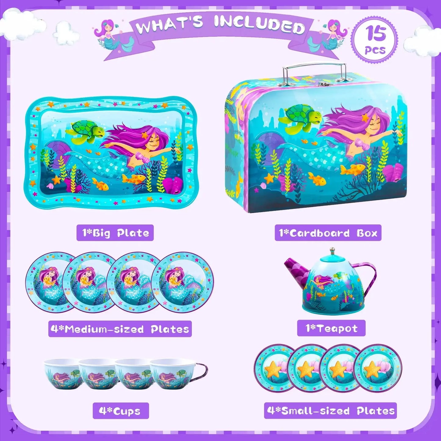 Kid Tea Set Mermaid Tea Party Set Princess Pretend Play Tin Teapot Set Kitchen Toy for Girls Toddlers 2 3 4 5 6 Years Old