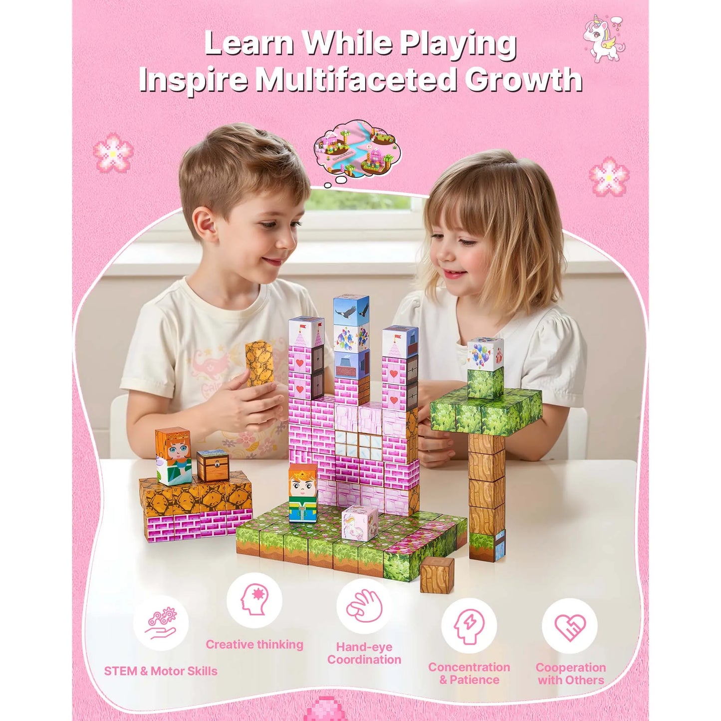 SucceBuy 100PCS Magnetic Blocks Princess Castle Set Magnetic Building Cubes STEM Montessori Sensory Toys for Kids Birthday Gift
