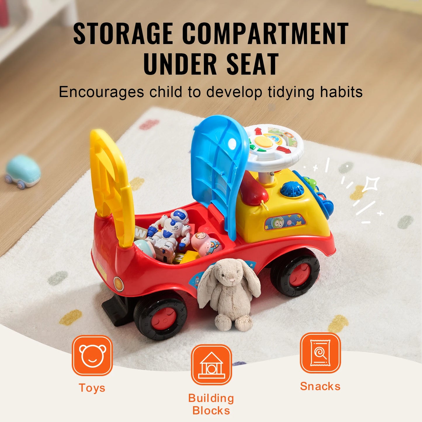 Toddler Ride On Push Car Sit to Stand Kids Ride On Toy Car W/ Music Steering Wheel   Seat Storage for Toddlers Ages 1-3