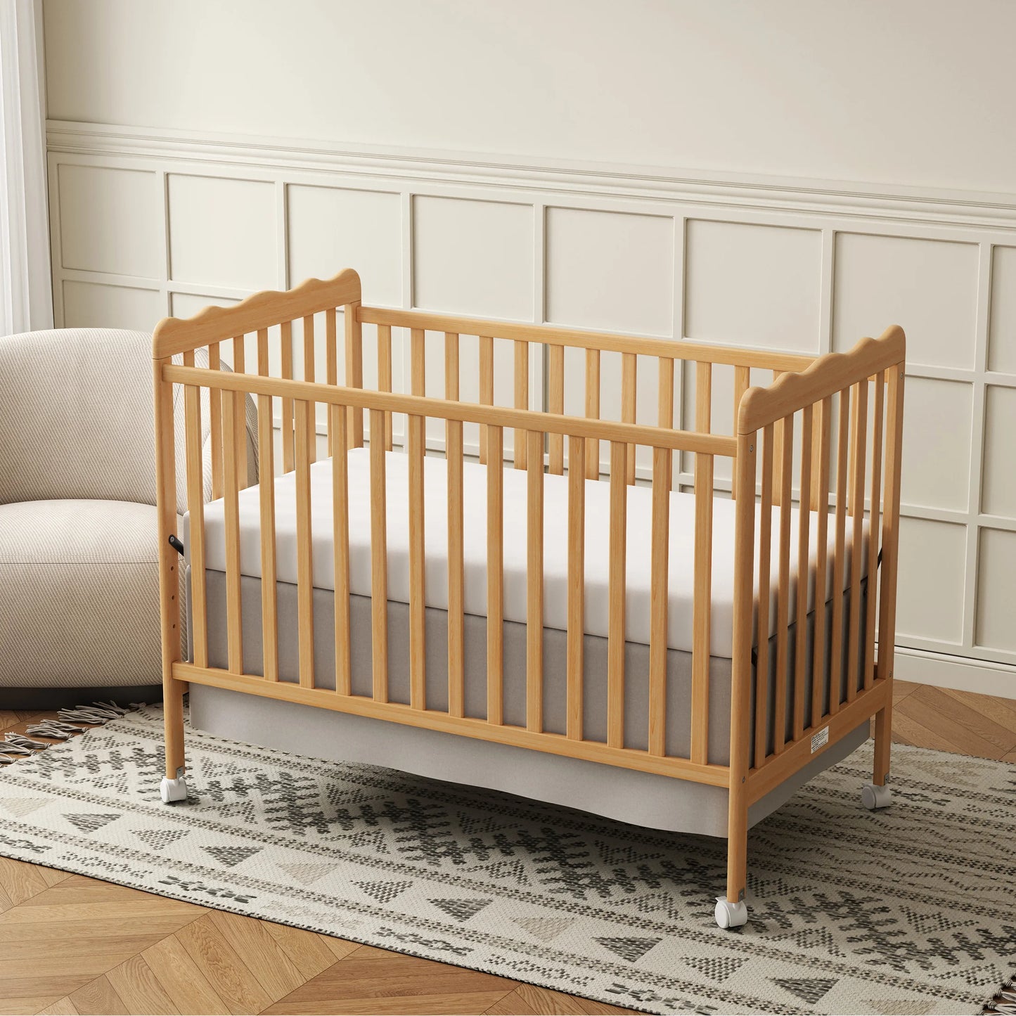 4-in-1 Convertible Wooden Baby Crib, Converts to Toddler Bed & Daybed, 3 Adjustable Mattress Heights, Non-Toxic Finish, Removable Wheels