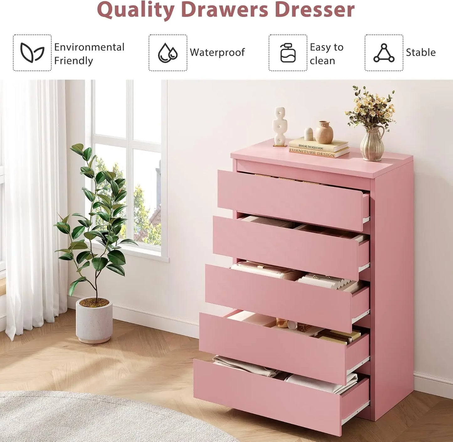 Pink 5 Drawer Dresser for Bedroom, 15" D x 23.7" W x 40.4" H in Modern Chest of Drawers, Wood Storage Dresser with Handleless