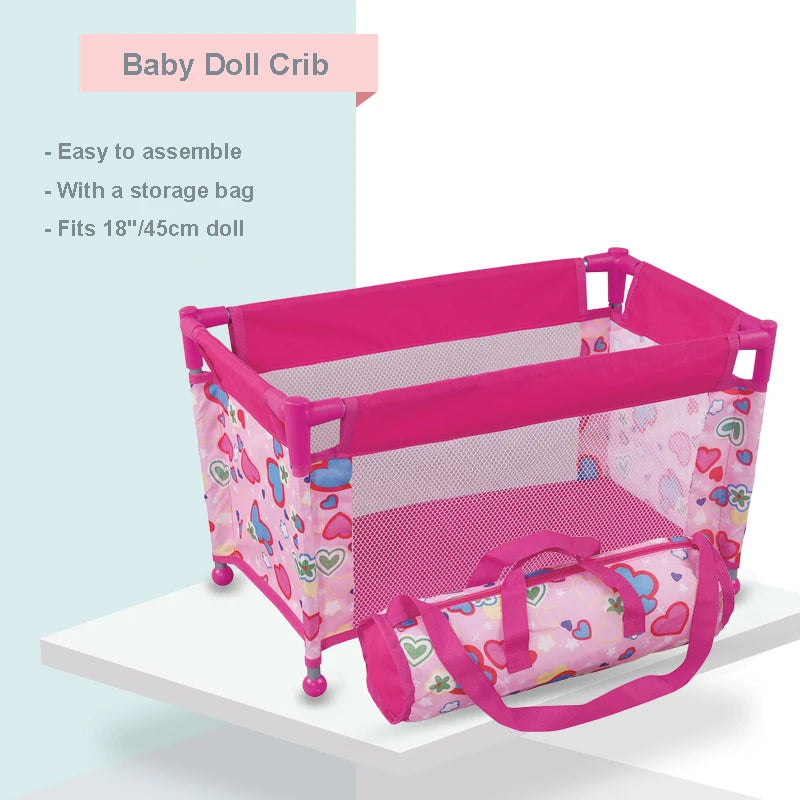 Baby Doll Crib Pack and Play Accessory Simulation DIY Doll Bed up to 18" Dolls with Carry Along Bag Toy Gift for Girls and Kids