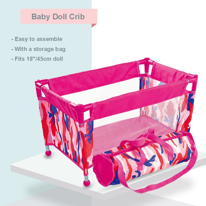 Baby Doll Crib Pack and Play Accessory Simulation DIY Doll Bed up to 18" Dolls with Carry Along Bag Toy Gift for Girls and Kids