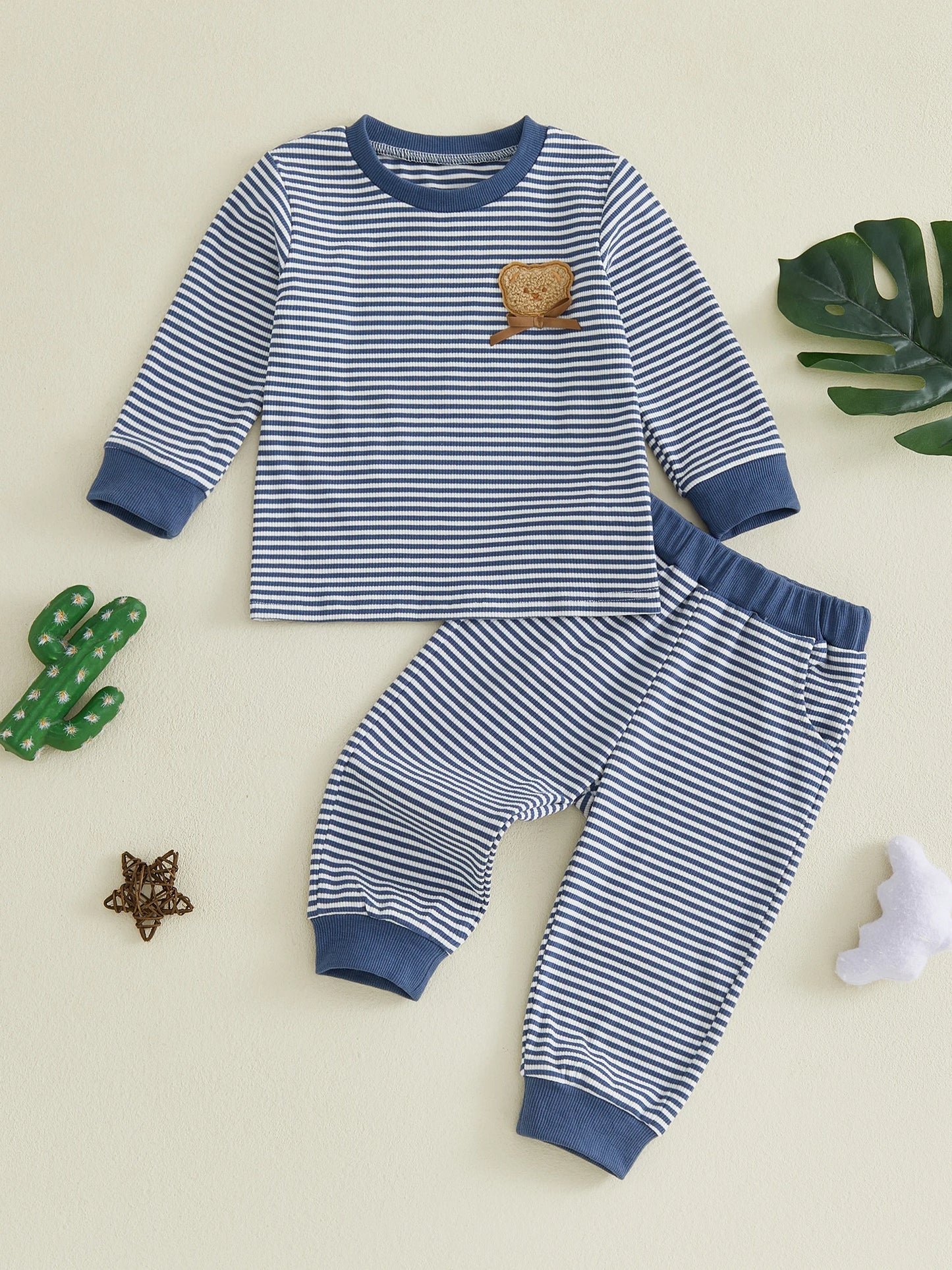 Striped Neck Sleeve-Crew-Neck Embroidery Striped Print Boy Fall Matching Toddler Crew Neck Bear High Quality Striped Neck