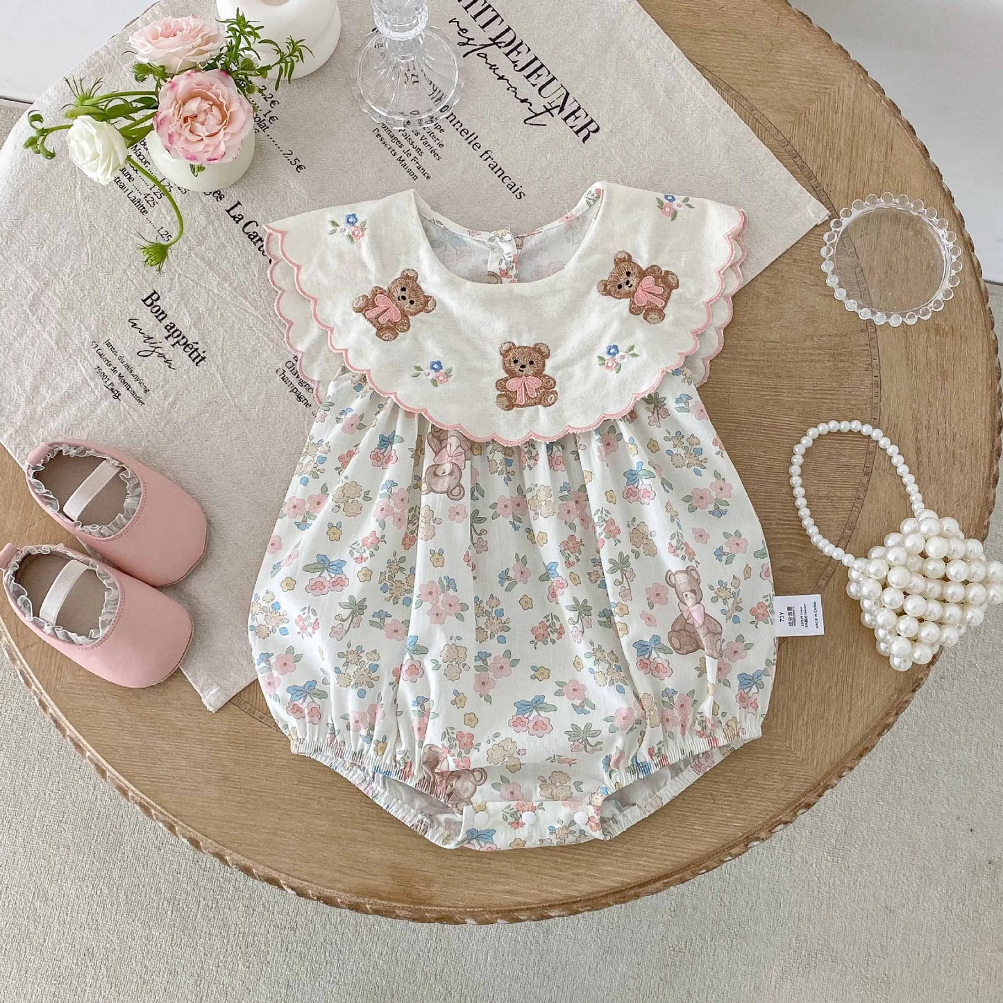 6076 Newborn Clothes. Cute Little Bear Embroidery Collar Girl's One Piece Clothes