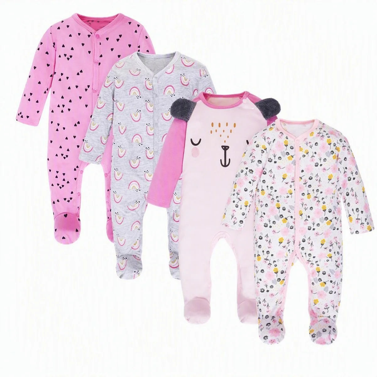 COZY 4-Pack Newborn Baby Onesies Short Sleeve Bodysuits Set, Soft Cotton Blend Snap Closure No Zipper Design, Machine Washable Gift for Baby Shower, Home Sleep Outing Wear, Classic White, Heather Grey Stripe, Sweet Polka Dot