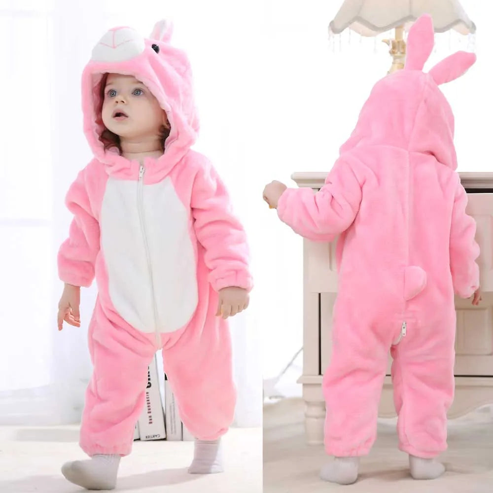 Cute Flannel Animal Rompers for Baby Winter Kid 1 2 3 4 Years Cartoon Jumpsuit Boy Girl Long Sleeve Hooded Playsuit Thick Pajama
