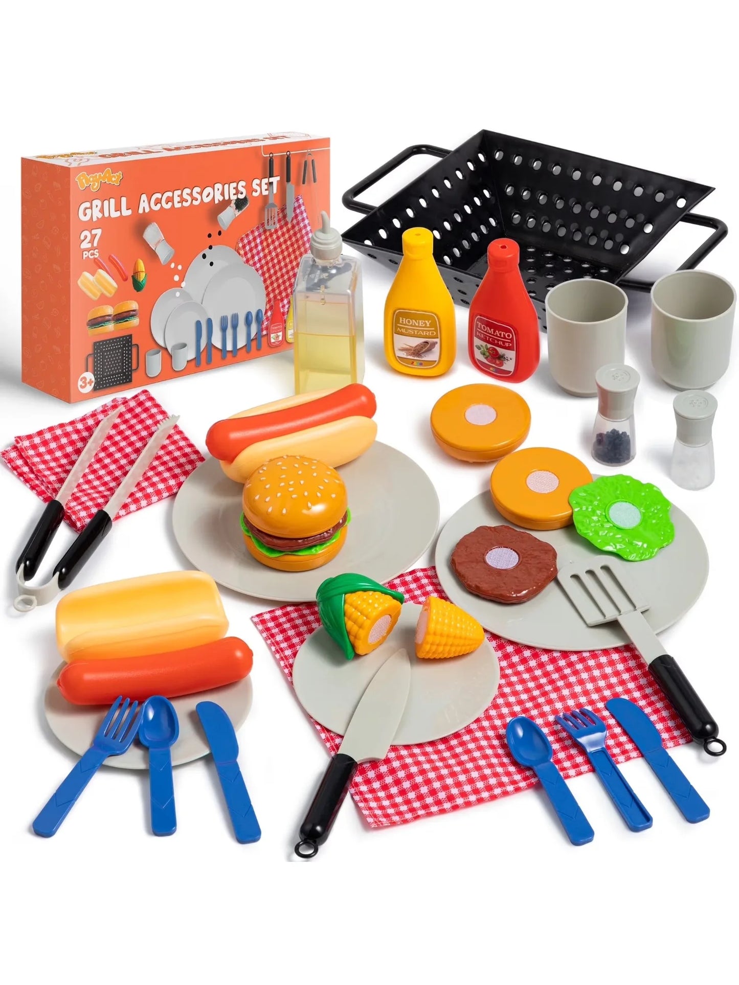 27 Pcs Kids Kitchen Toy Playset BBQ Grill Pretend Play Food Sets, Gift for Toddlers 2 3 4 Years Old Girls Boys