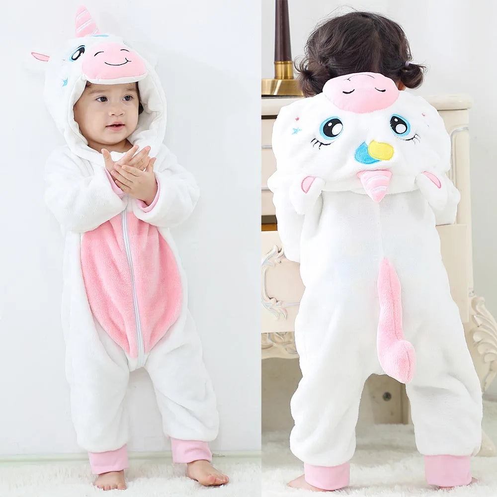 Cute Flannel Animal Rompers for Baby Winter Kid 1 2 3 4 Years Cartoon Jumpsuit Boy Girl Long Sleeve Hooded Playsuit Thick Pajama