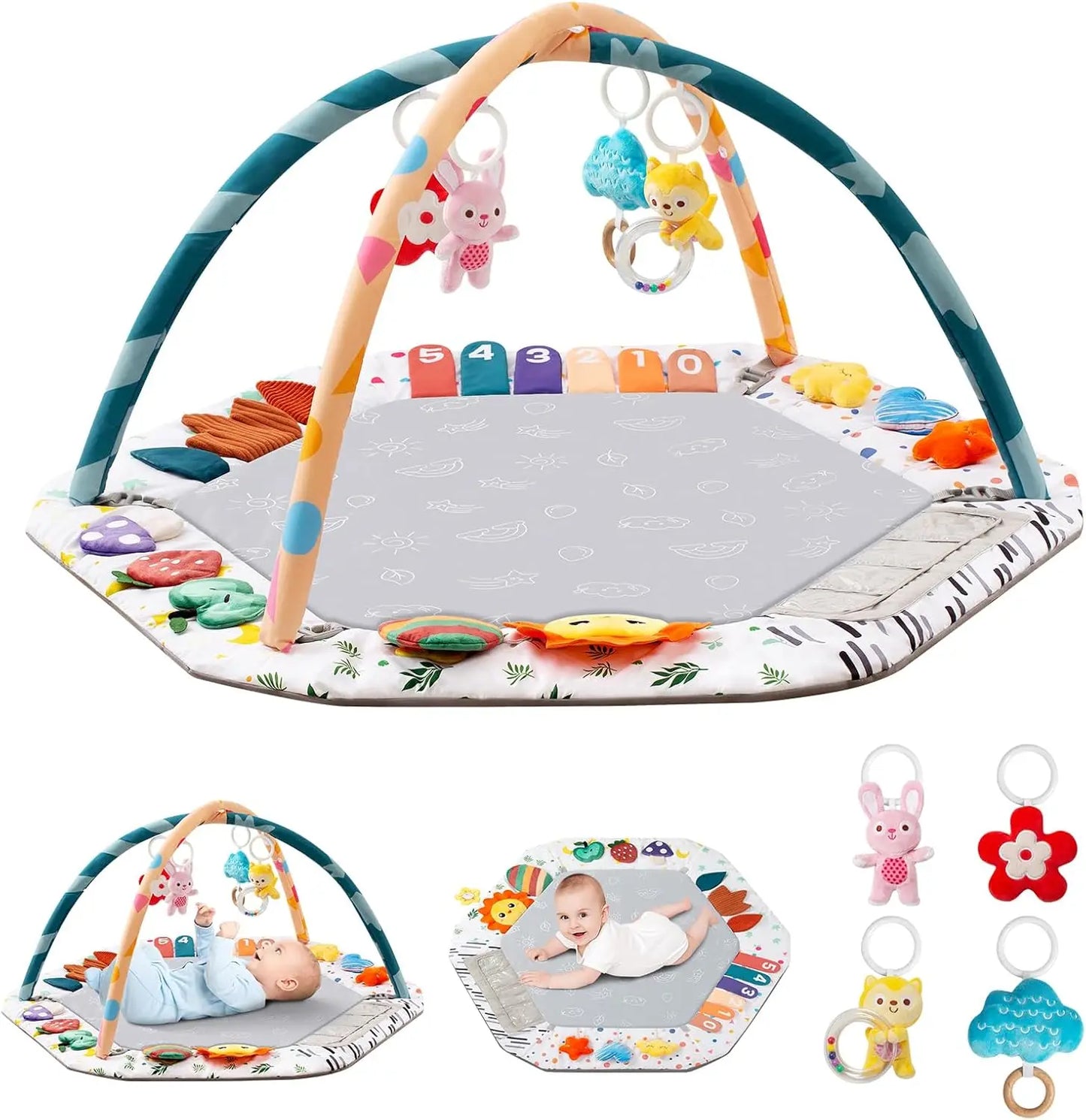 Ultimate Tummy Time Mat for Infants - 6 Educational Play Zones with 4 Hanging Sensory Toys to Boost Motor Skills
