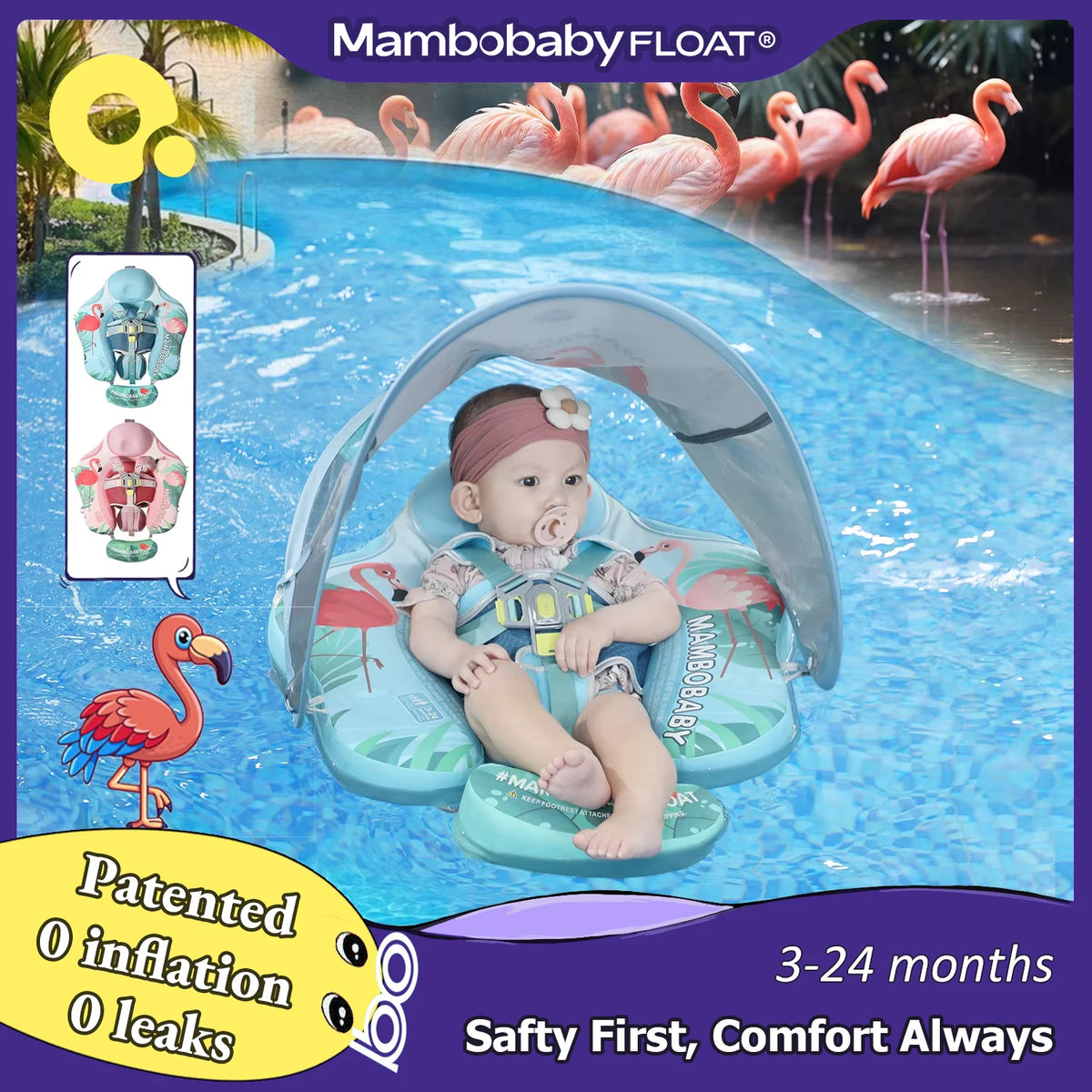 Gentle Skin-Safe Flamingo Air-Free Chest Float with Flat Canopy B503-143-W-Z Baby Swimming Ring Infant Water Circle