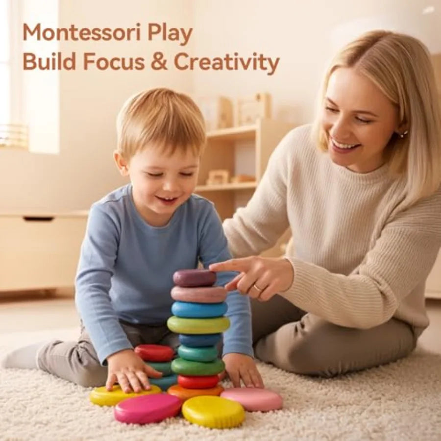 Extra-Large Stacking Rocks for Toddlers 1-3, 16 PCS Wooden Montori Toys, Safe Smooth Jumbo Balancing Stones for Open-Ended Sens