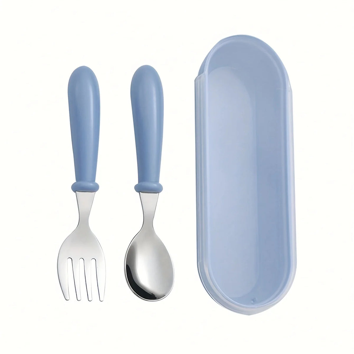 1set(3pcs) 304 Stainless Steel Spoon Fork Set With Box, Children Portable Utensils For Outdoor, Travel, Safe Round Handle Baby Feeding Cutlery, Baby Shower Gift-Blue