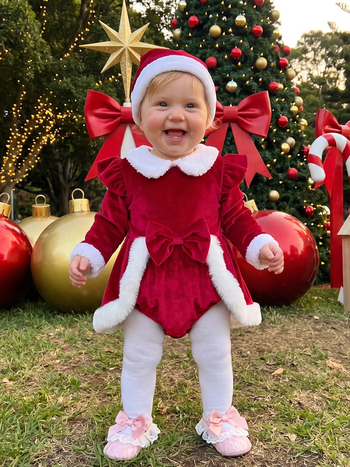 Long Sleeve Piece Set Velvet Long Sleeve Hat Girl Christmas 2 Outfit Dress Hat 2 Lightweight Baby Girl Christmas
